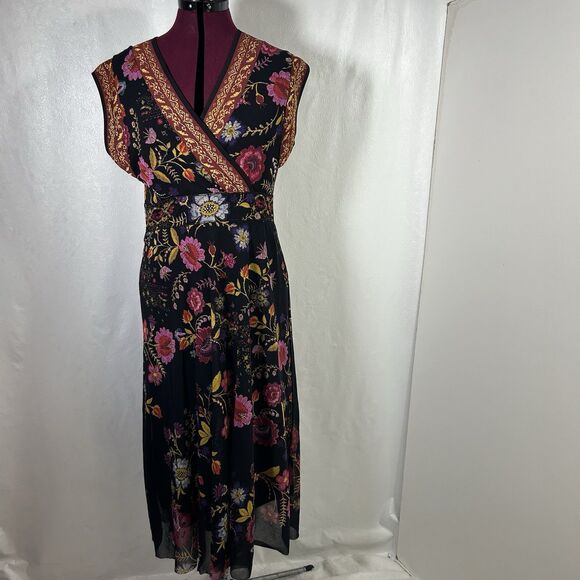 Fuzzi Floral Print Black Multicolored Surplice Midi Dress Sz XL Feminine Y2K - Picture 3 of 16